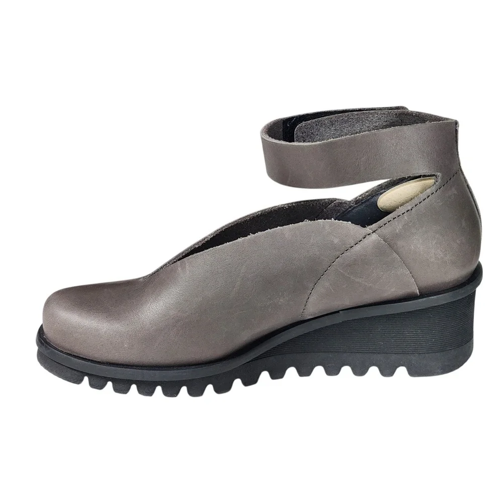 Loints of Holland Sydney Grey Leather V-Cut Wedge Ankle Strap Shoes Womens 36